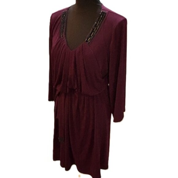 Badgley Mischka PLUM Draped Dress w/ V-Neck Embellished Beading w/Belt ( L ) NWT - Picture 4 of 16